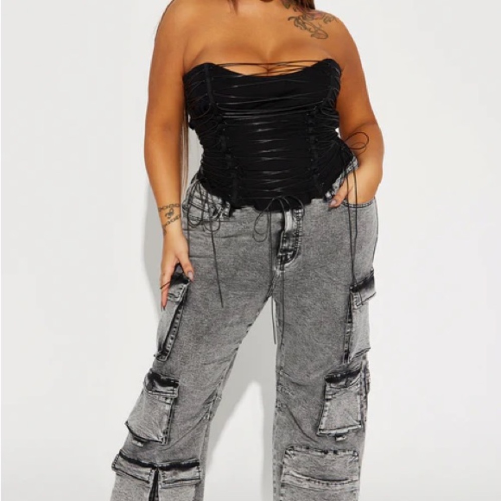 PLUS SIZE  High Rise Gray Cargo Jeans Acid Wash